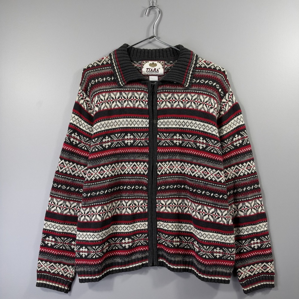 Tiara International Sweater Womens Medium Gray Fair Isle Full Zip Christmas Knit